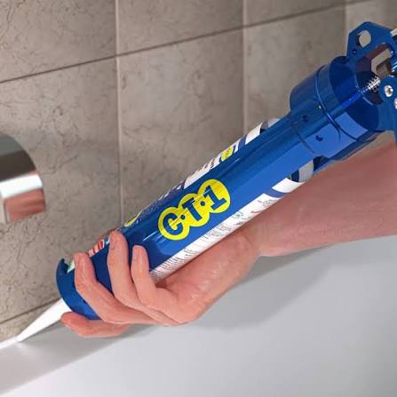 CT1 sealant and adhesive being applied in a tiled bathroom setting.