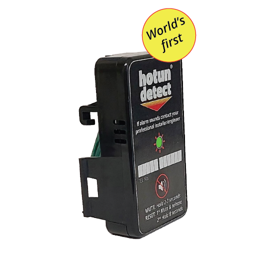 Hotun detect device with a yellow label stating 'World's first' on a white background

Hotun Alarm unit for dry trap tundish (Black)

Heating Engineer Supplies