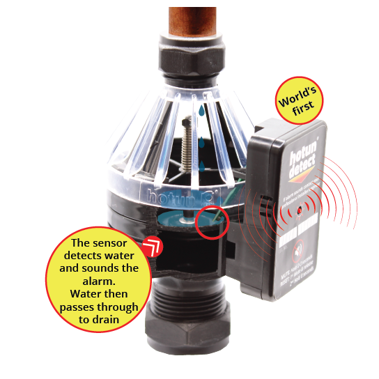 Water detection sensor with clear plastic cover and labeled features on a white background

Hotun Alarm unit for dry trap tundish (Black)

Heating Engineer Supplies