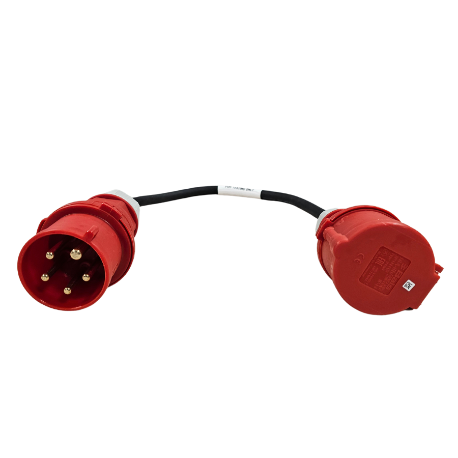 Red electrical plug with a black cable on a white background