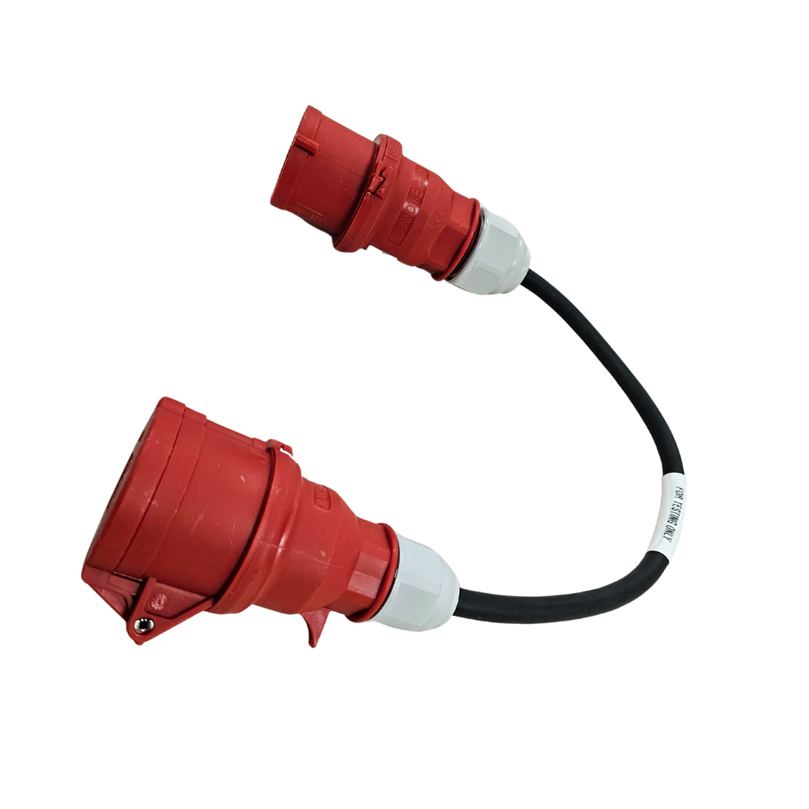 Red electrical plug with black cord on a white background