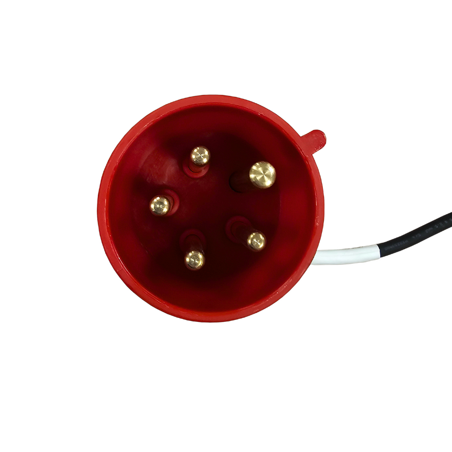 Red electrical plug with gold contacts on a white background