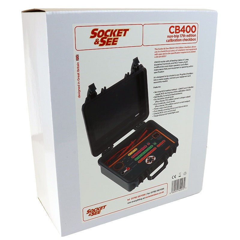 Box packaging for Socket & See CB400 tool set with tools inside

Socket & See CB400 Non-Trip Installation Calibration Checkbox - Socket & See Electrical Testing Equipment at Heating Engineer Supplies