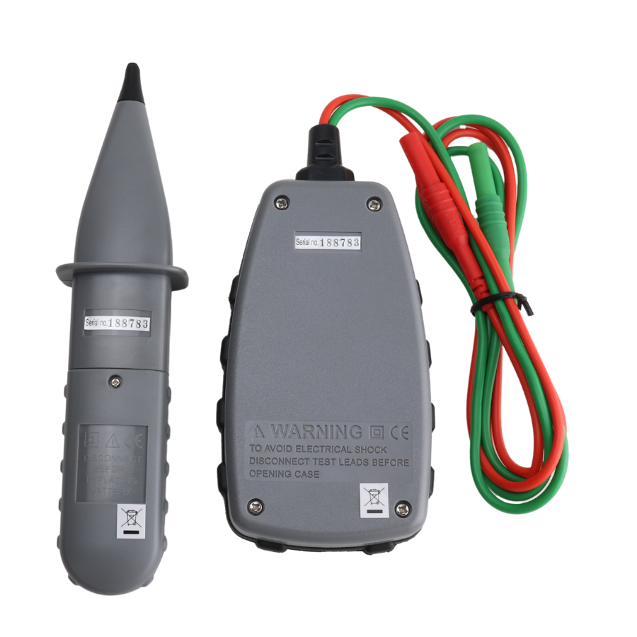 Electrical testing device with red and green leads on a white background