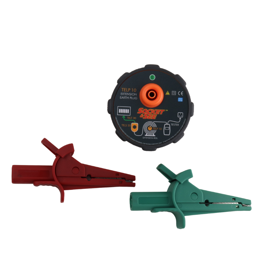 Two alligator clips, one red and one green, with a black connector on a white background.