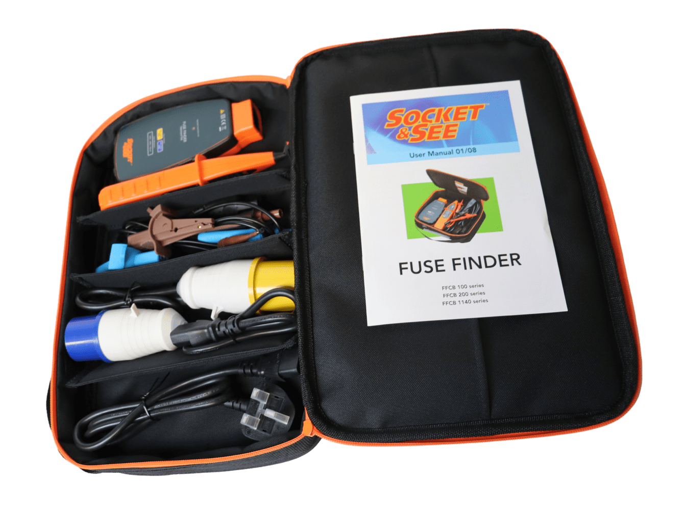 Socket & See fuse finder kit with fuse finder, manual, and accessories on a green background