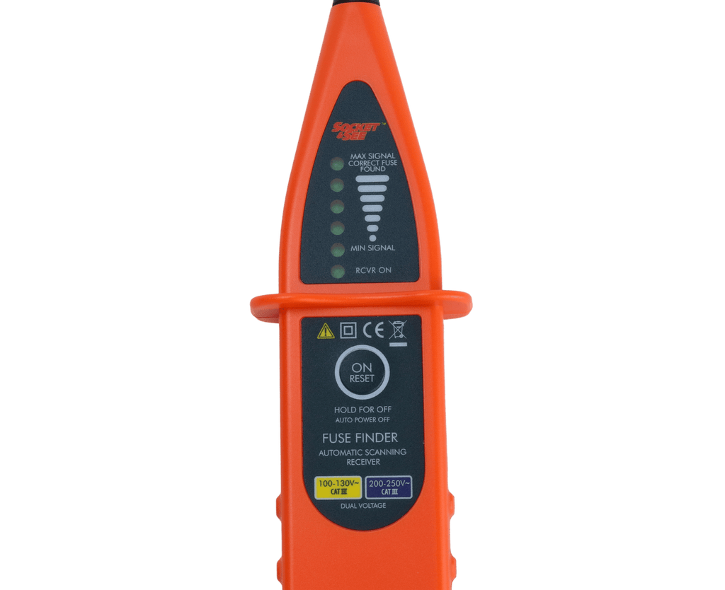 Orange fuse finder tool on a green background