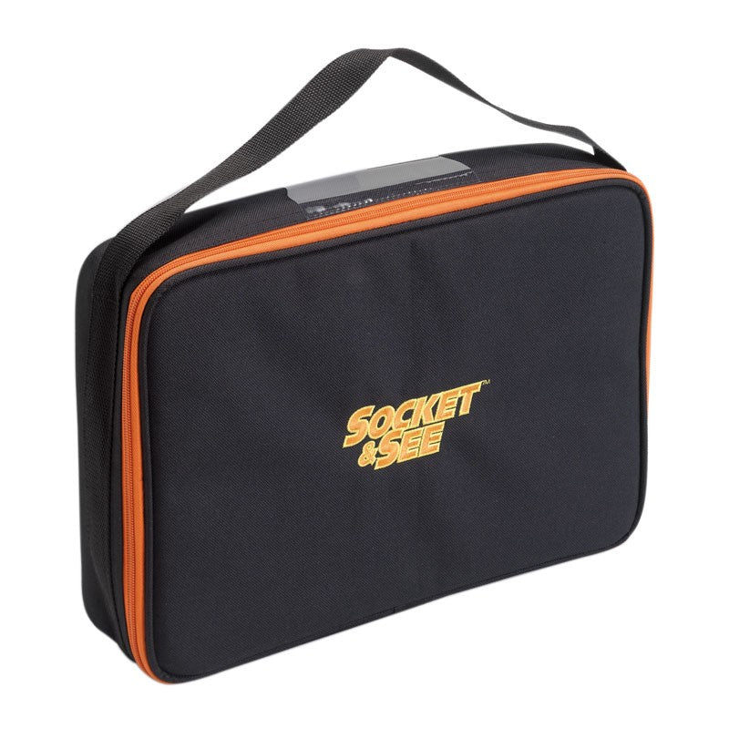 Black carrying case with orange trim and 'Socket & See' logo on a white background