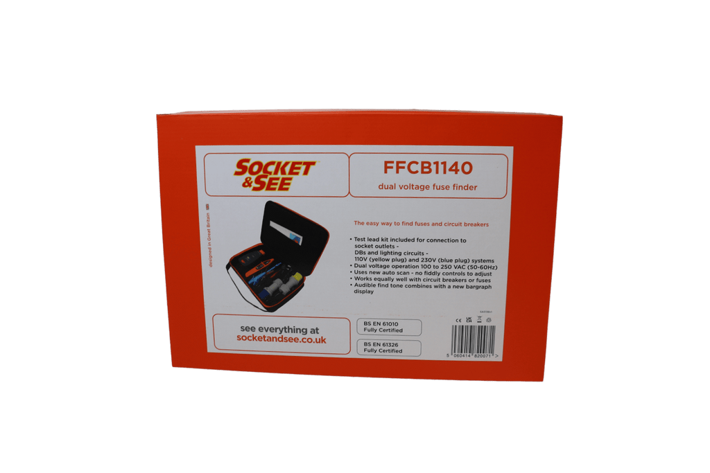 Red packaging of Socket & See dual voltage fuse finder on a white background