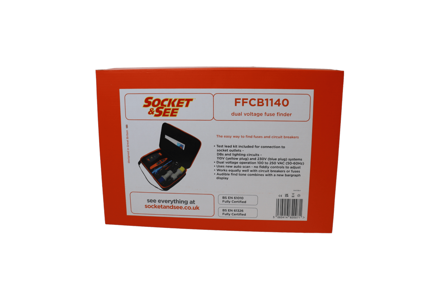 Red packaging of Socket & See dual voltage fuse finder on a white background