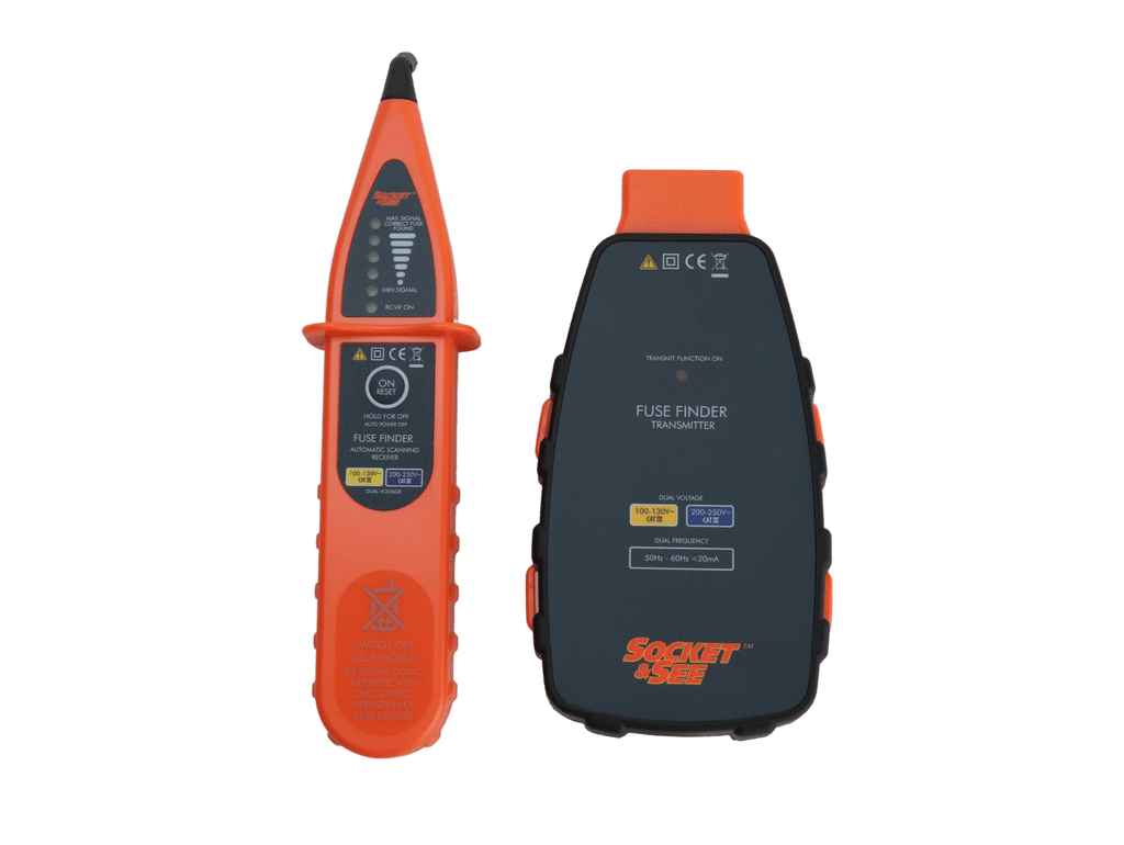 Two electronic devices, a fuse finder and a transmitter, on a transparent background.