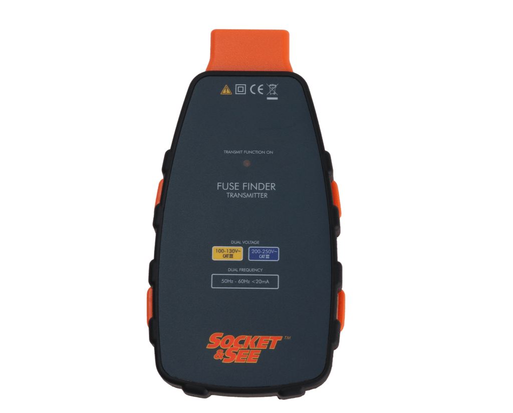 Fuse finder transmitter with Socket & Seal branding on a transparent background