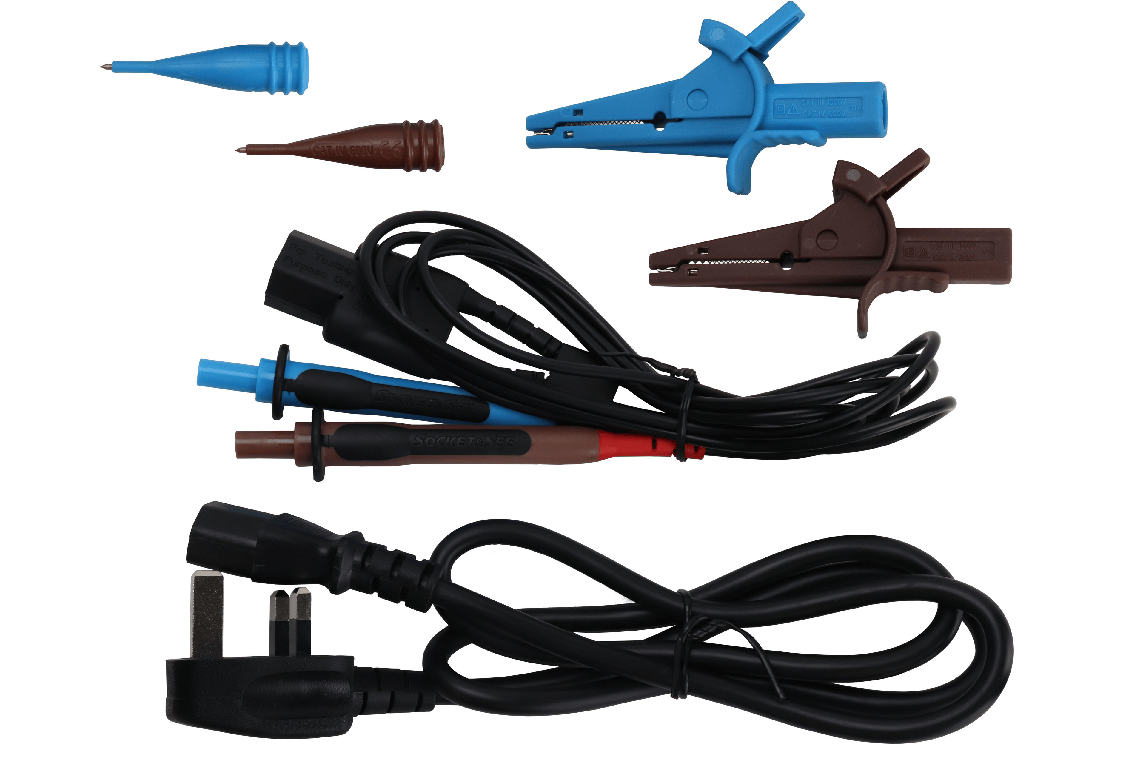 Electrical testing leads with various components on a transparent background
