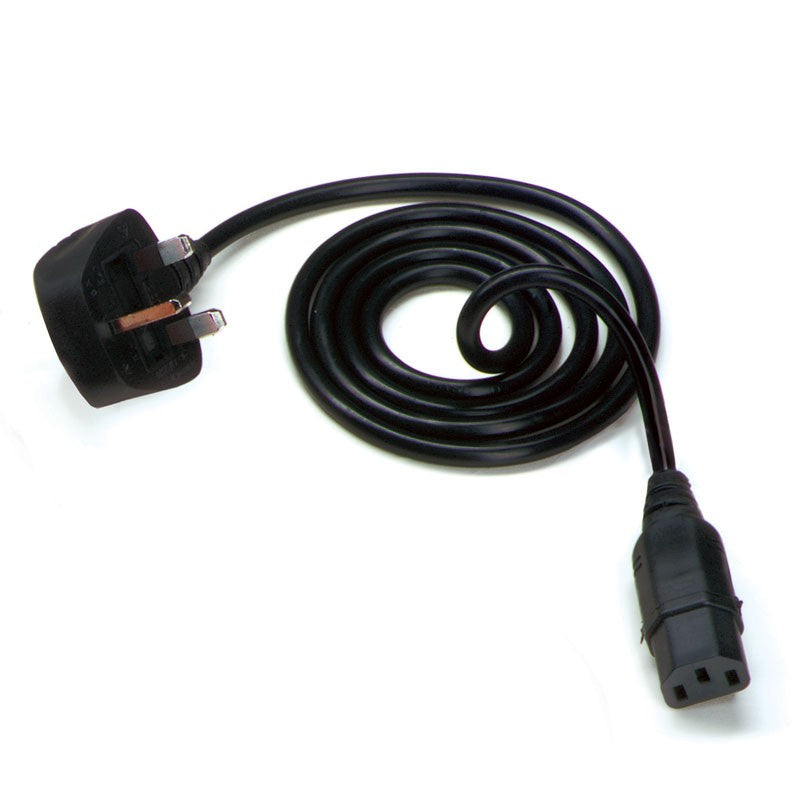 Black electrical cable with plug and connector on a white background