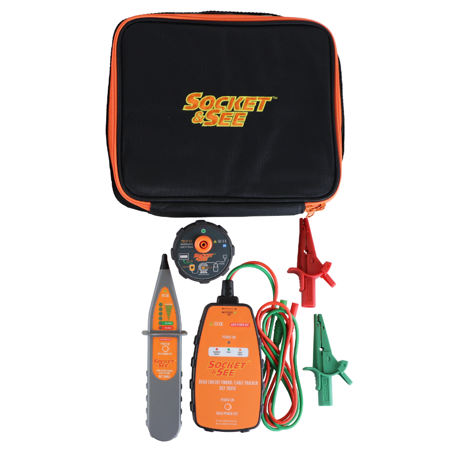 Socket & See electrical testing kit with black carrying case on a white background