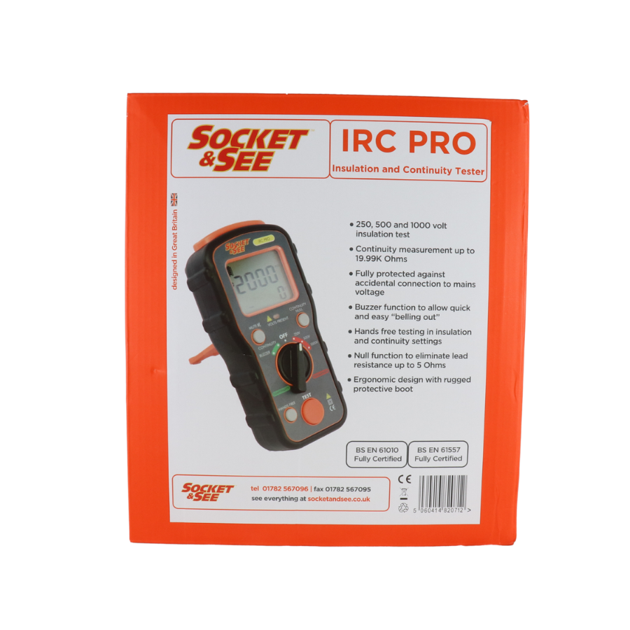 Socket & See IRC Pro installation and continuity tester packaging on a white background

Socket & See IRC Pro Insulation and Continuity Tester

Socket & See Electrical Testing Tools at Heating Engineer Supplies

Socket & See Electrical Testing Accessories at Heating Engineer Supplies

Trade supplies Limerick