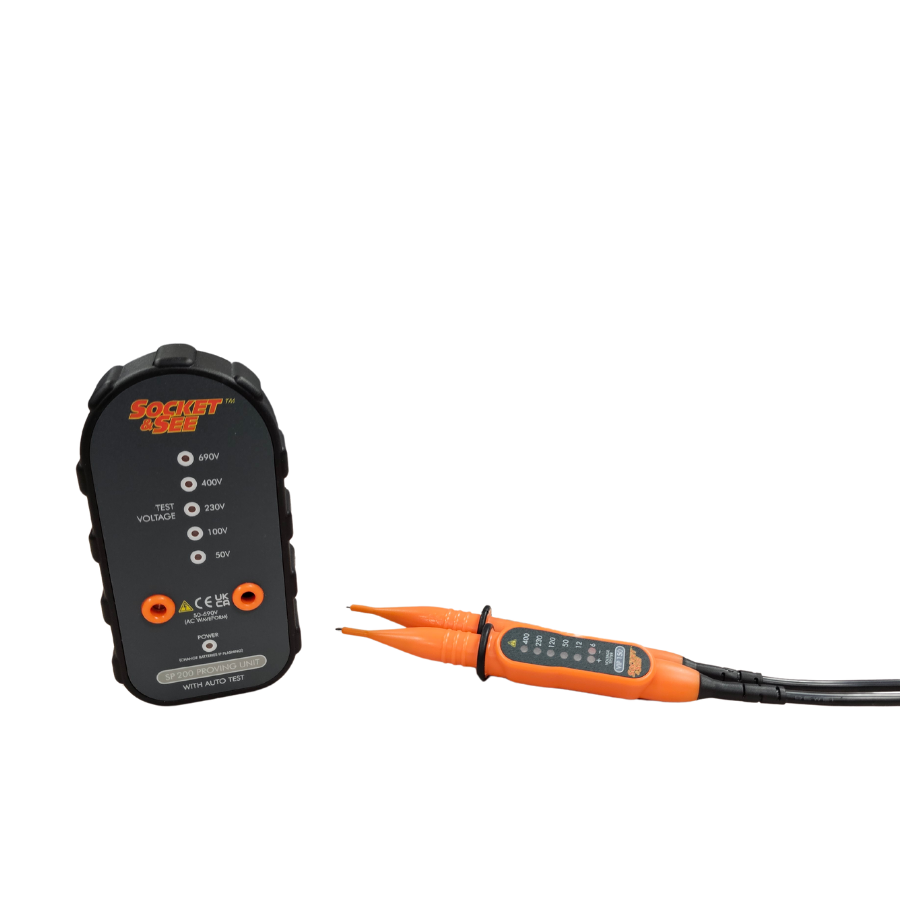 Black and orange multimeter with probes on a white background