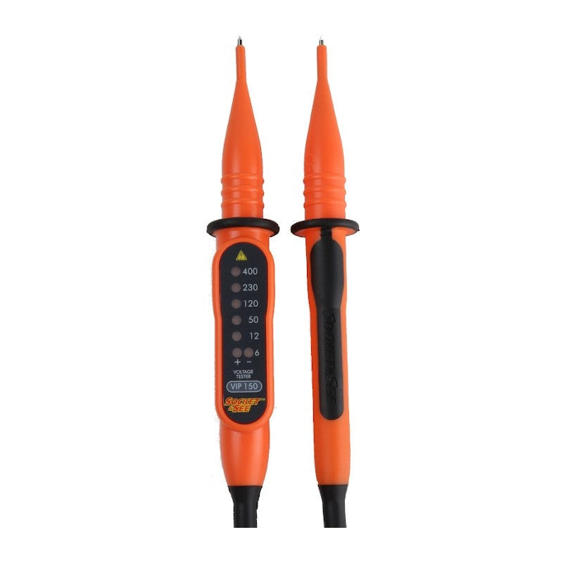 Two orange electrical testers with digital display on a white background