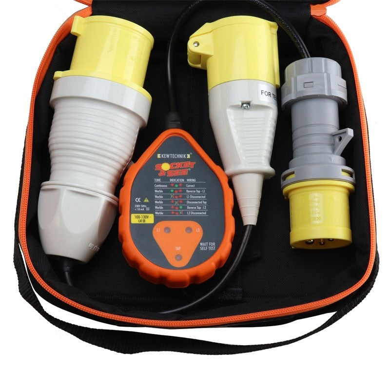 Set of electrical connectors and a device in an open black case with orange trim.

Socket & See SOK110KIT Industrial Socket Tester Kit

Socket & See electrical testing tools at Heating Engineer Supplies Ltd, Patrickswell, County Limerick