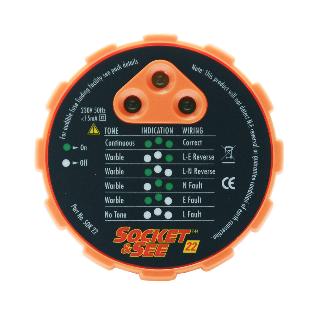 Socket & See SOK22 Craftsman Socket Tester

Round electronic device with orange border and black center displaying wiring instructions, brand 'Socket & See', and technical details.

Socket & See electrical testing tools at Heating Engineer Supplies Ltd, Patrickswell, County Limerick