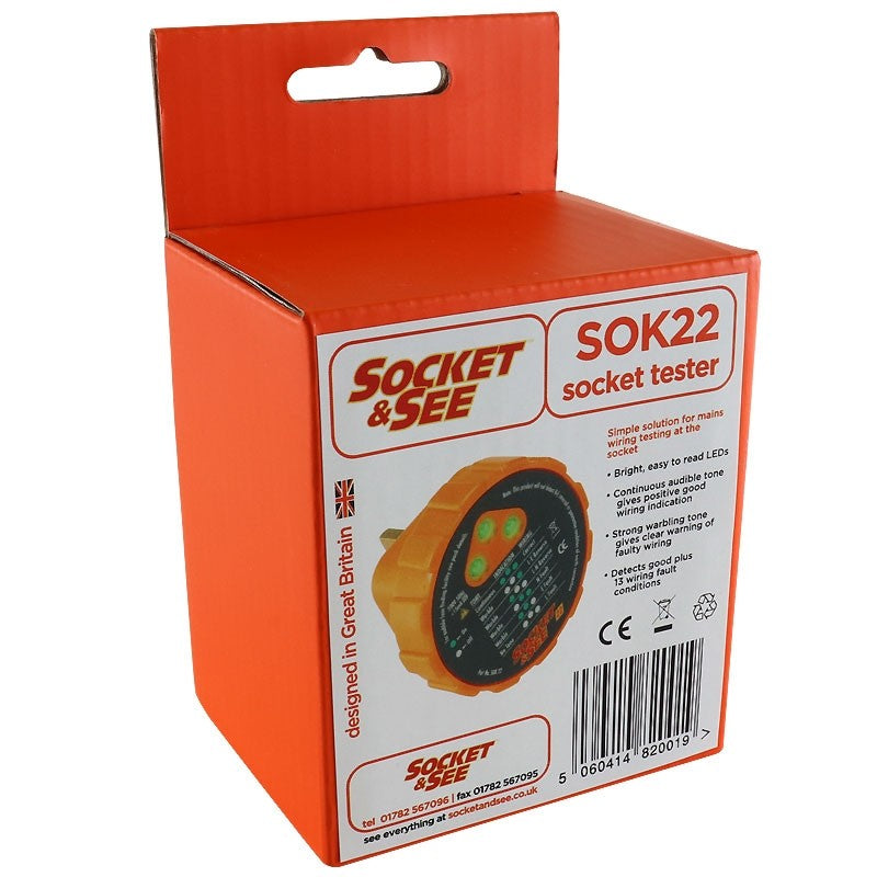 Orange packaging of Socket & See SOK22 socket tester on a white background