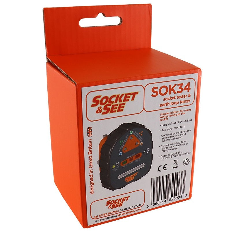 Orange packaging of Socket & See SOK34 socket tester on a white background