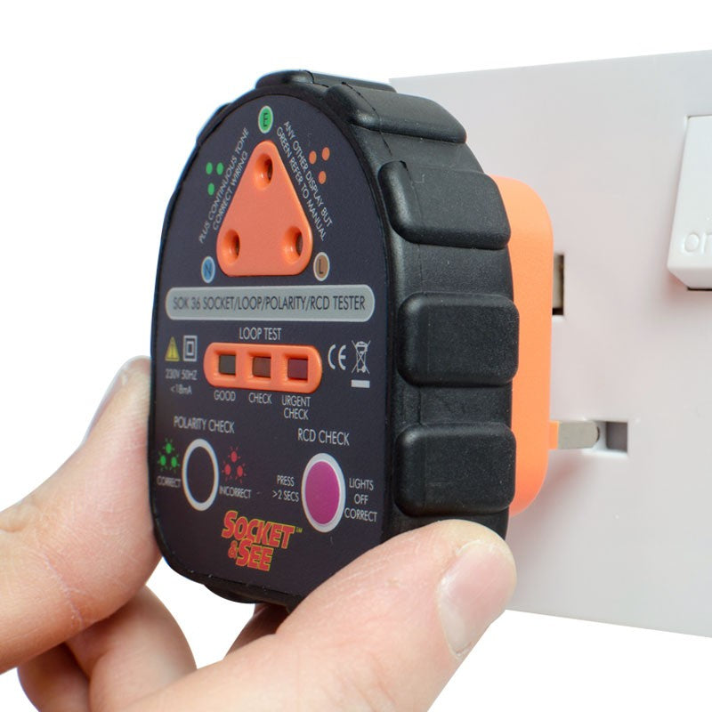 Socket & See SOK36 Professional Socket Tester

Socket & Wire tester being held over a power outlet on a white background

Electrical testing equipment at Heating Engineer Supplies Ltd, Patrickswell, Limerick