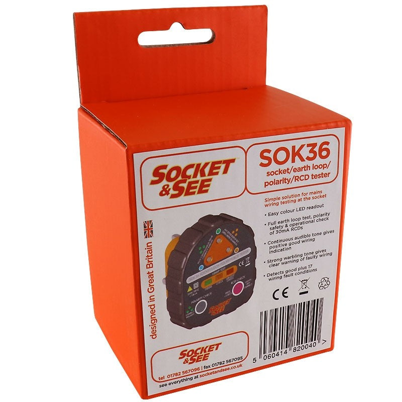 Orange packaging of Socket & See SOK36 socket/earth loop/polarity/RCD tester on a white background