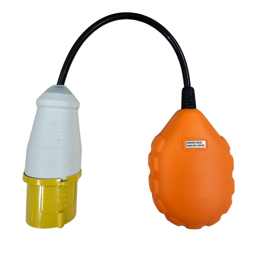Orange float switch with a black cable on a white background