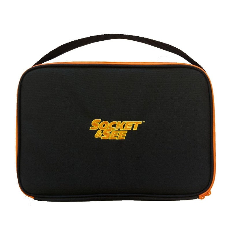 Socket & See TECC40 Large Instrument Carry Case - Electrical Equipment Accessories at Heating Engineer Supplies
Black carrying case with orange accents and 'Socket & See' logo on a white background