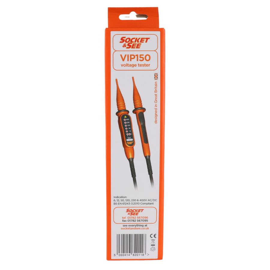 Socket & See voltage tester packaging on a white background

Socket & See VIP150 Voltage Indicator

Socket & See Electrical Testing Tools at Heating Engineer Supplies

Socket & See Electrical Testing Accessories at Heating Engineer Supplies

Trade supplies Limerick
