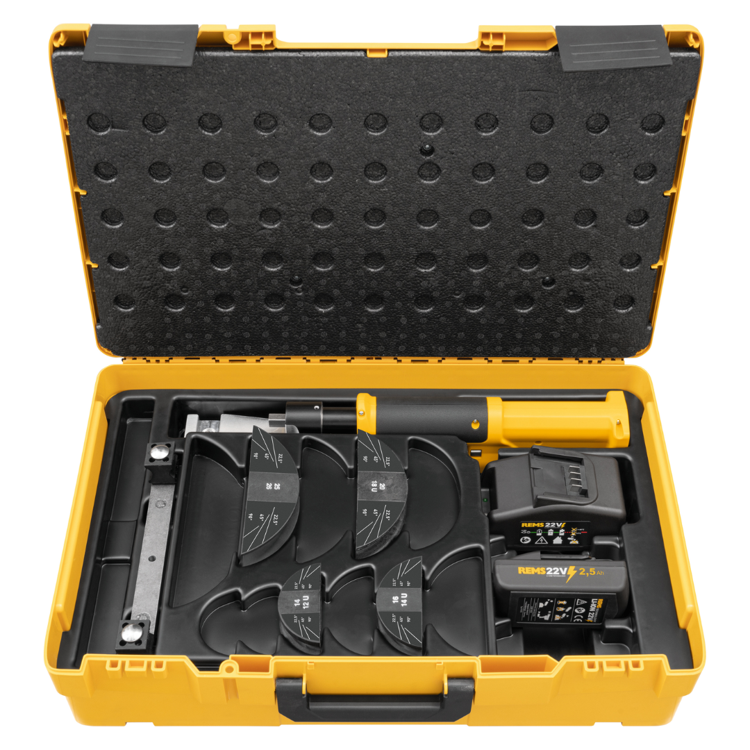 REMS Hydro-Swing Multilayer kit

A yellow and black tool kit in a hard carrying case, shown open against a white background. The kit includes multiple black and yellow power tools, accessories, and two batteries.