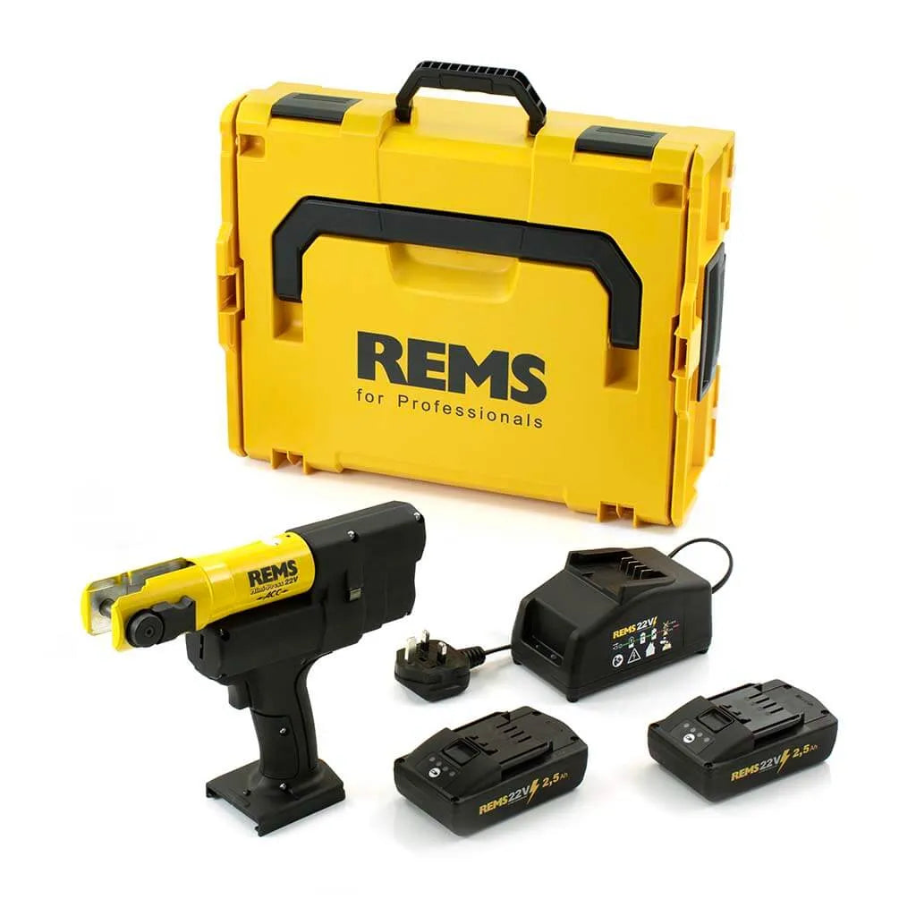 REMS Mini Press 22v Kit
A professional-grade tool kit including a yellow and black handheld tool, a matching yellow hard carrying case with 'REMS for Professionals' branding, two black rechargeable batteries, and a black charger, all arranged on a clean white background.
